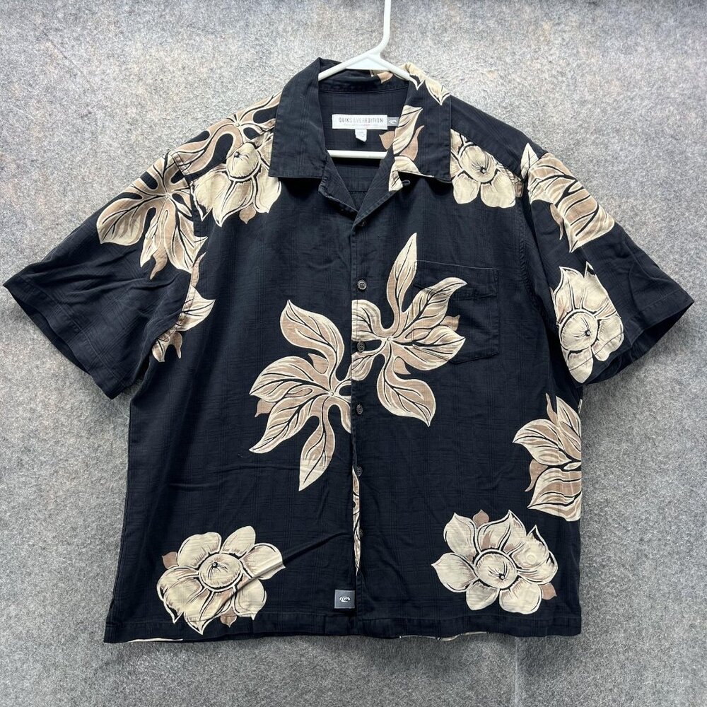 Quiksilver Edition Shirt Mens Large Black Silk Hawaiian Floral Button Front